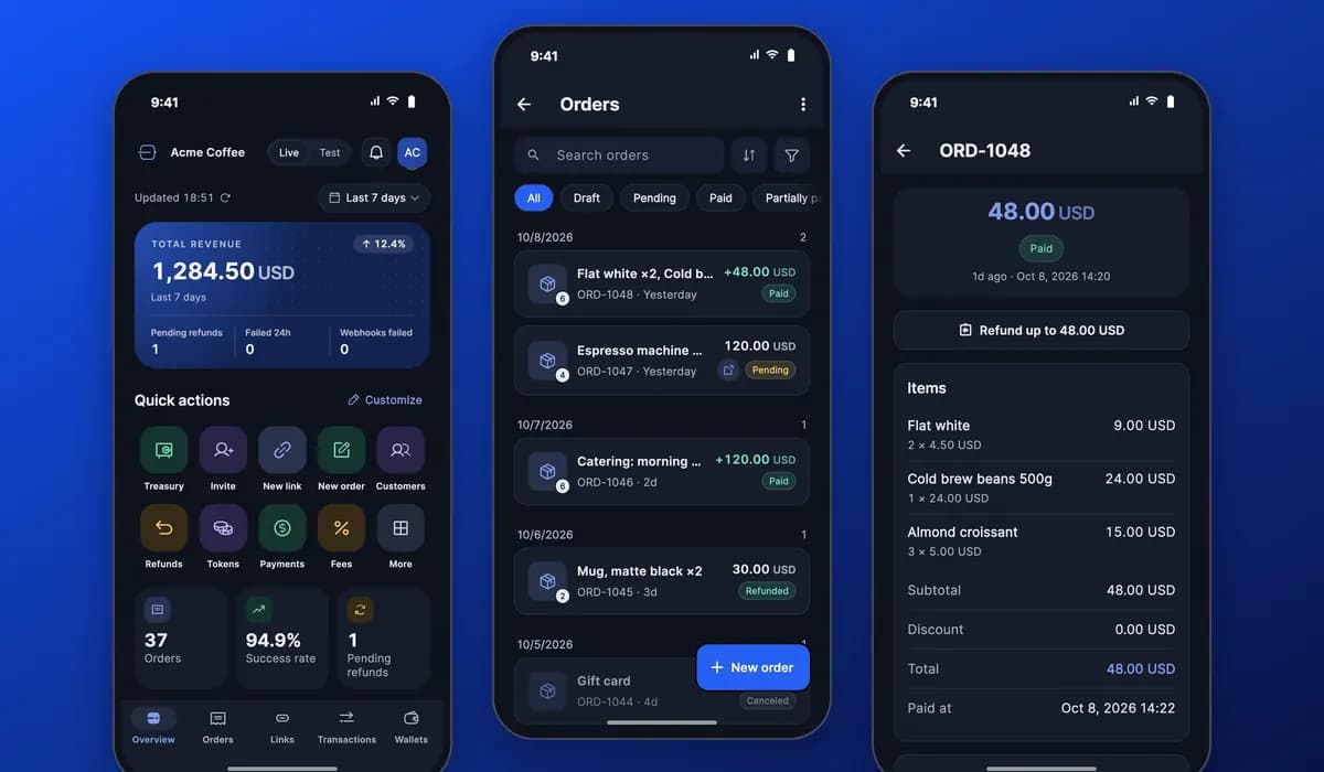 Tres pantallas de la app InfraIO Pay: el Resumen con ingresos y accesos rápidos, la lista de Pedidos con pedidos pagados y pendientes, y el detalle de un pedido pagado.