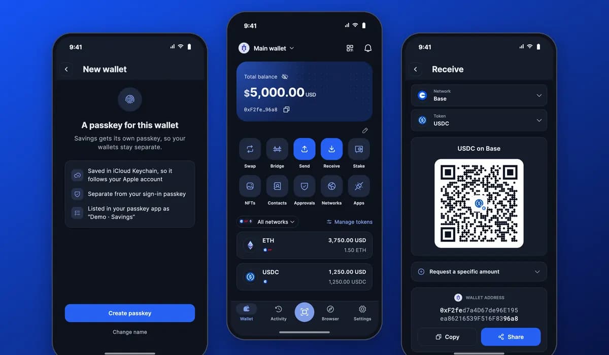 InfraIO Wallet uygulamasının üç ekranı: yeni bir cüzdan için passkey oluşturma, bakiye ile Takas, Gönder ve Al düğmelerinin olduğu cüzdan ana ekranı ve Base üzerinde USDC için QR kodlu Al ekranı.