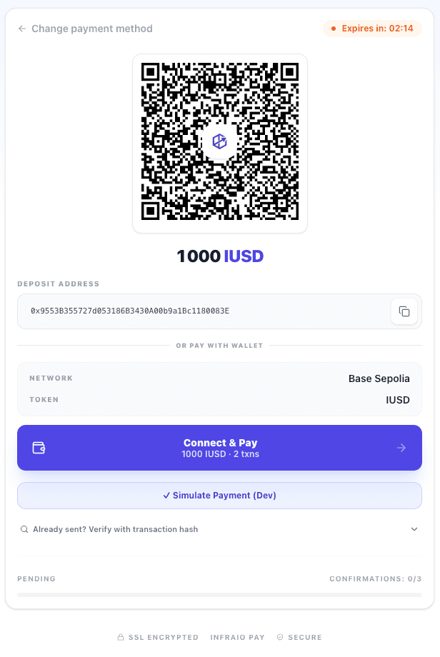 스테이블코인 인보이스를 결제하기 위한 InfraIO Pay 체크아웃 QR 코드와 입금 주소